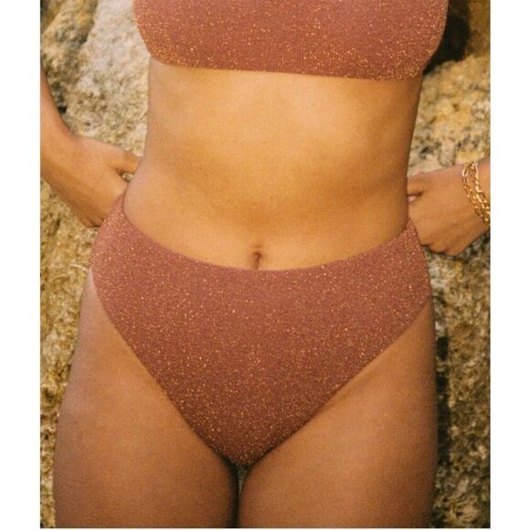 NWT Andie The 90s High-Waisted Bikini Bottom in Moca Metallic Shimmering Size L - Picture 1 of 8